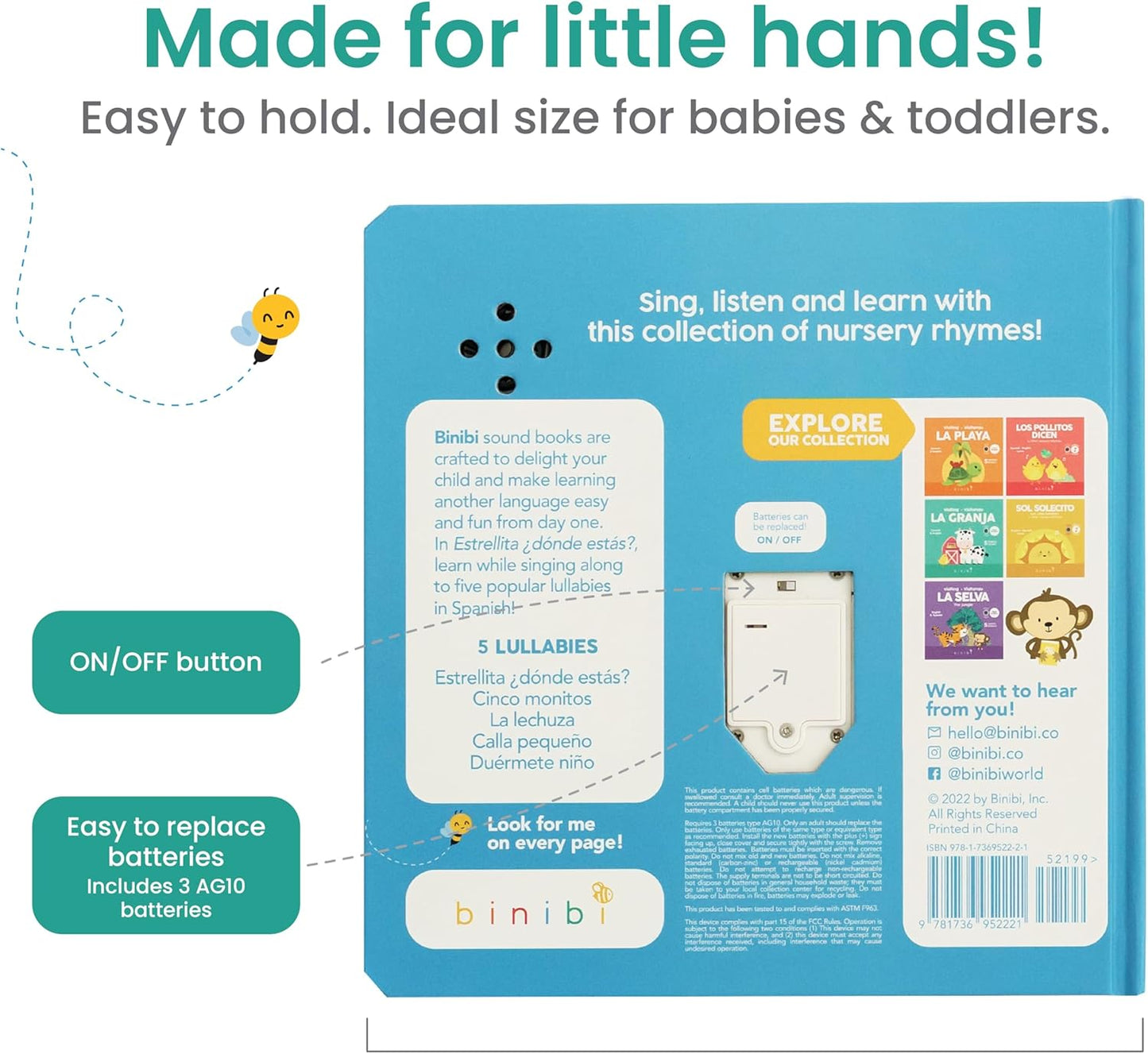 Binibi Spanish Musical Book for Toddlers 1-3 Estrellita ¿Dónde Estás? & Other Nursery Rhymes | Spanish Learning for Kids | Bilingual Children's Sound Book | Libro en español para bebés