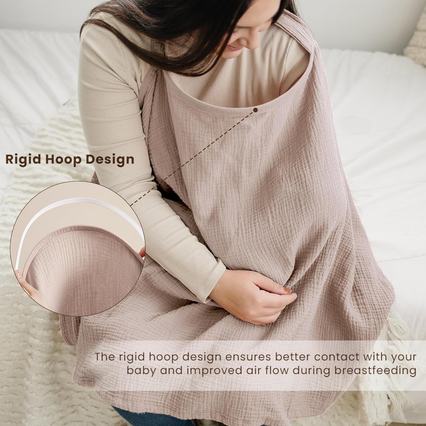 Konssy Muslin Nursing Cover for Baby Breastfeeding, Breathable 100% Cotton Breastfeeding Cover with Rigid Hoop for Mother Nursing Apron, Multi-use Carseat Canopy (Taupe)