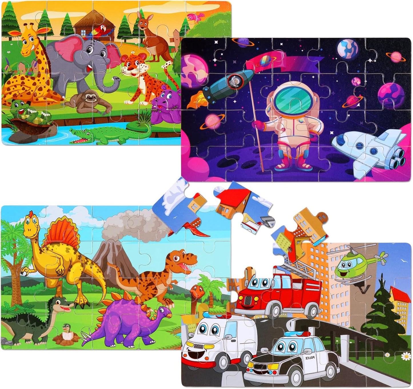Wooden Puzzles Toys for Kids Ages 3-5, Set of 4 Packs Dinosaur, Space, Transportation Wood Toddler Puzzles, Preschool Brain Teaser Toys for Boys and Girls 2 3 4 5 6 Years Old