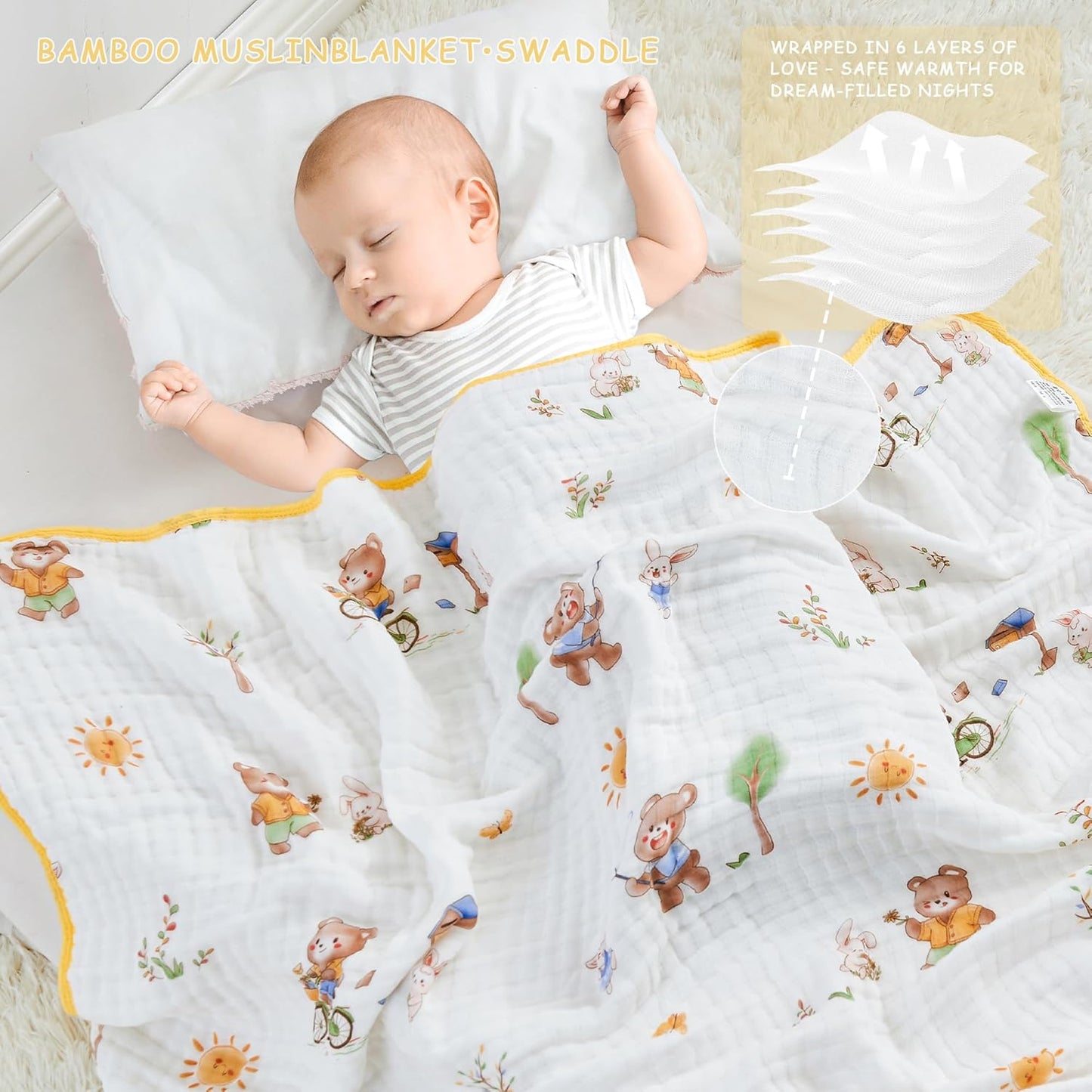 Luxury Muslin Baby Blanket, Cozy Swaddle, 6-Layer Cotton Receiving Blanket for Newborn Infant, 43x43 Inch Lightweight Breathable Crib Blanket, Nursery Stroller Toddler Quilt, Bear Print