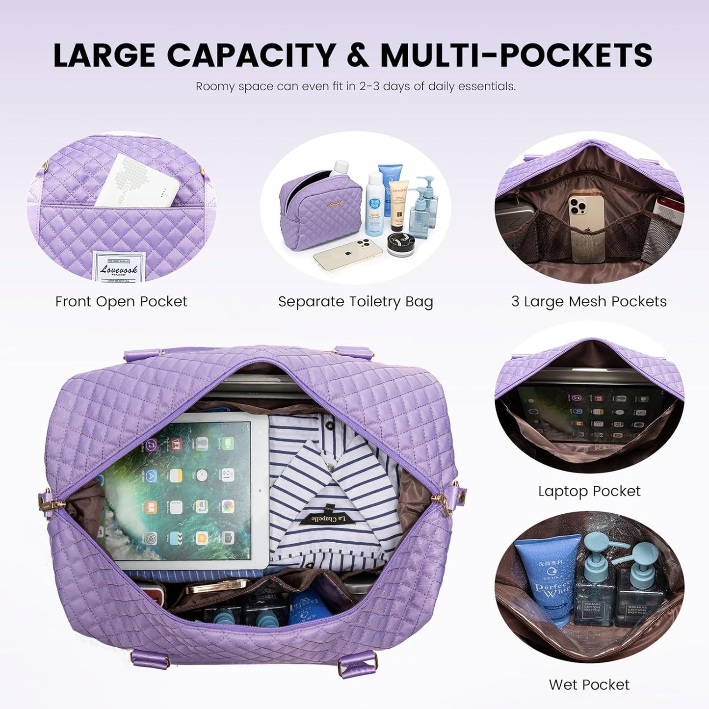 LOVEVOOK Travel Duffle Bag,Weekender Bags for Women with Shoe Compartment，Carry on Overnight Bag with Toiletry Bag,Gym Duffel Bag with Wet Pocket, Hospital Bags for Labor and Delivery