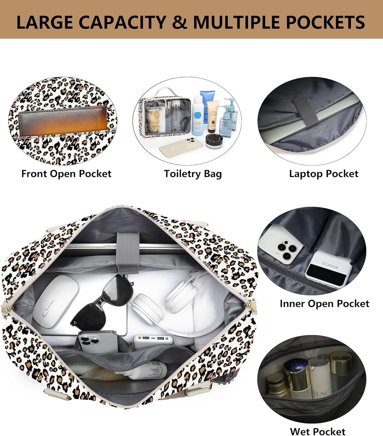 Travel Overnight Bag Weekender Bags: Large Duffle Bag Women with Shoe Compartment Carry on Overnight Bags with Toiletry Bag Gym Duffel Bag with Wet Pocket Hospital Bags for Labor and Delivery Leopard