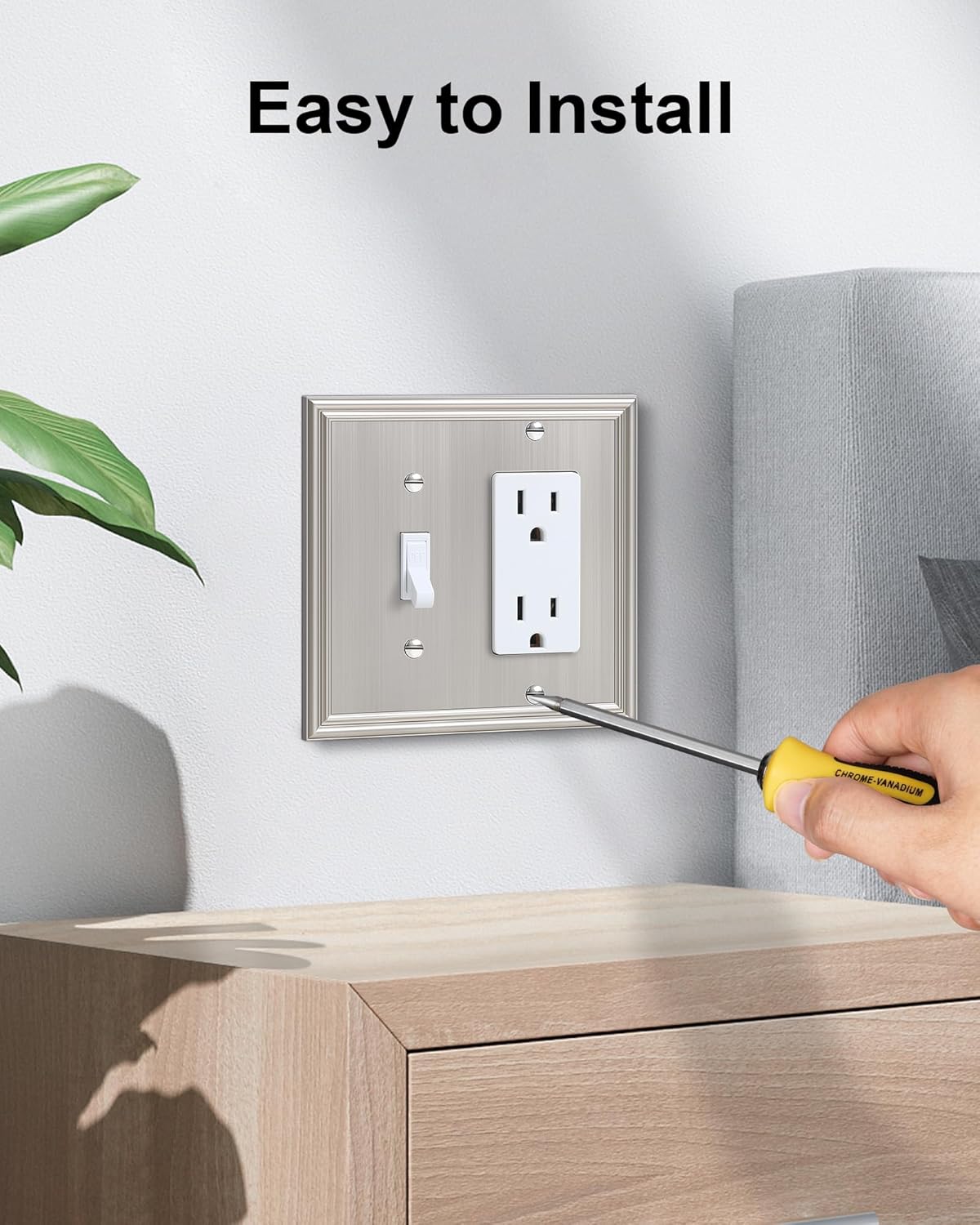 2-Pack Combo Toggle/Decorator Light Switch Cover Plate, Brushed Nickel Decorative Electrical Outlet Covers, Durable Solid Zinc Alloy Wall Switch Plates and Outlet Covers