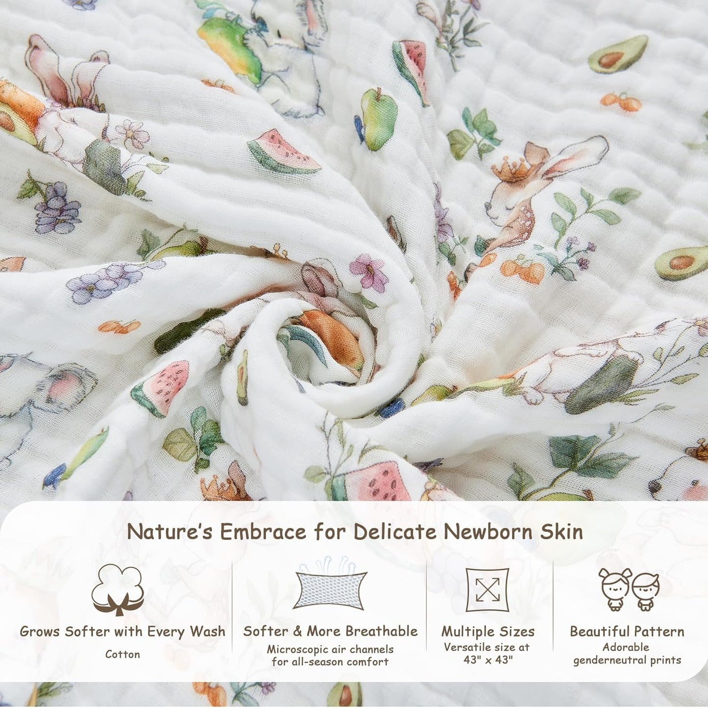 Luxury Muslin Baby Blanket, Soft Swaddle, 6-Layer Cotton Receiving Blanket for Newborn Infant, 43x43 Inch Lightweight Breathable Crib Blanket, Nursery Stroller Toddler Quilt, Animal Print