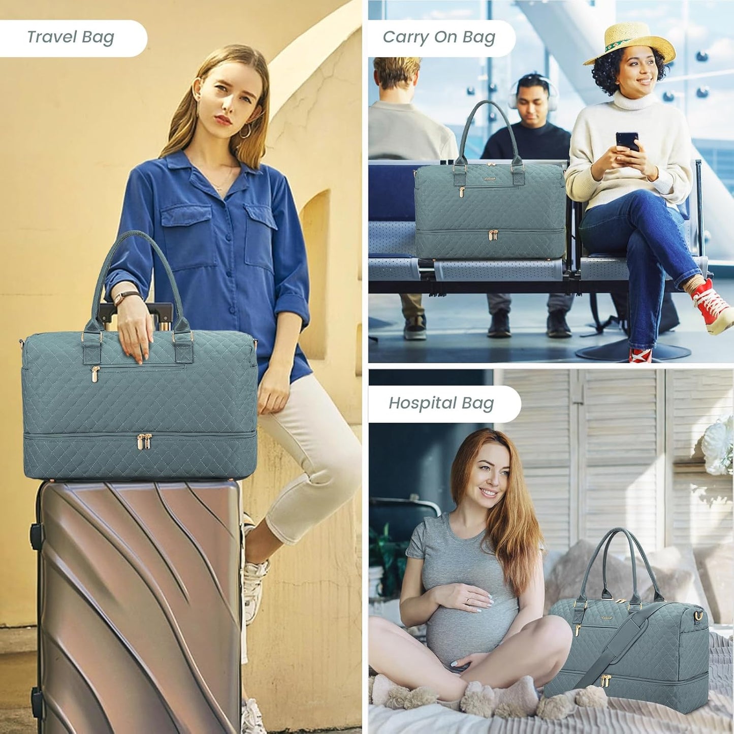 LOVEVOOK Travel Duffle Bag for Women, Weekender Overnight Bag with Shoe Compartment, Carry on Bag with Toiletry Bag, Gym Duffel Bag with Wet Pocket, Hospital Bags for Labor and Delivery 3 Pcs Set