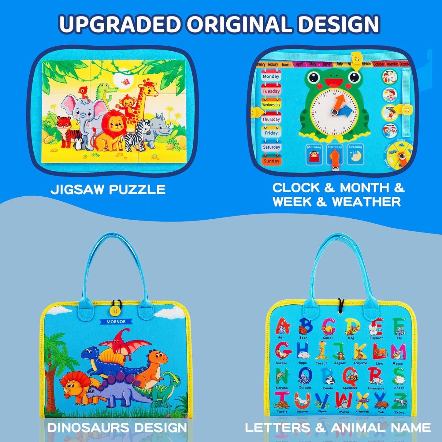 MORNOR Busy Board for Toddlers 1-4, Sensory Activity Board for Learning, Travel Toys, Montessori Toys for Fine Motor Skills, Gift for Boys & Girls (Blue)