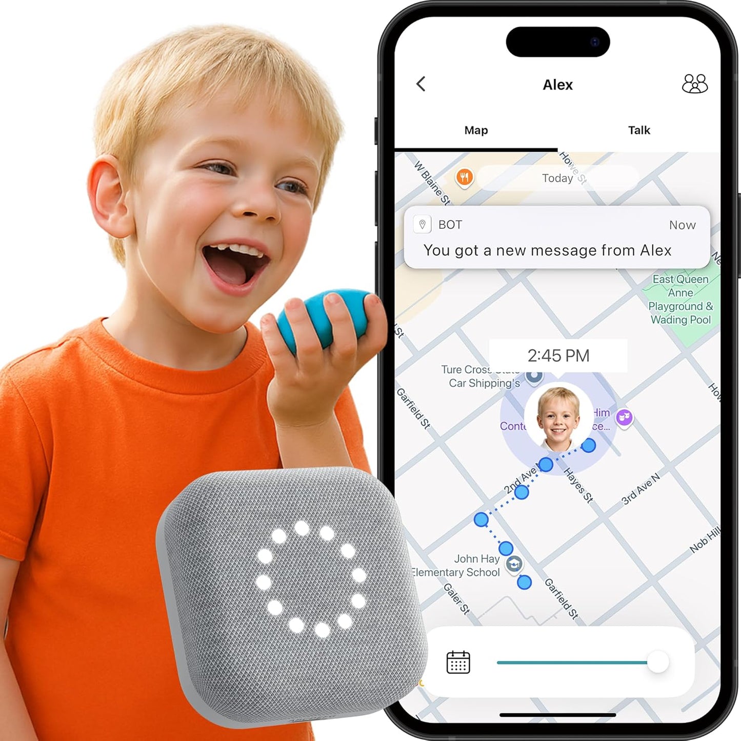BoT Talk GPS Tracker for Kids - AI-Powered GPS Tracker with Audio, Real-Time Tracking, 2-Way Talk & Alerts - Compact Kids Tracking Device with Monthly Subscription - Designed in Japan
