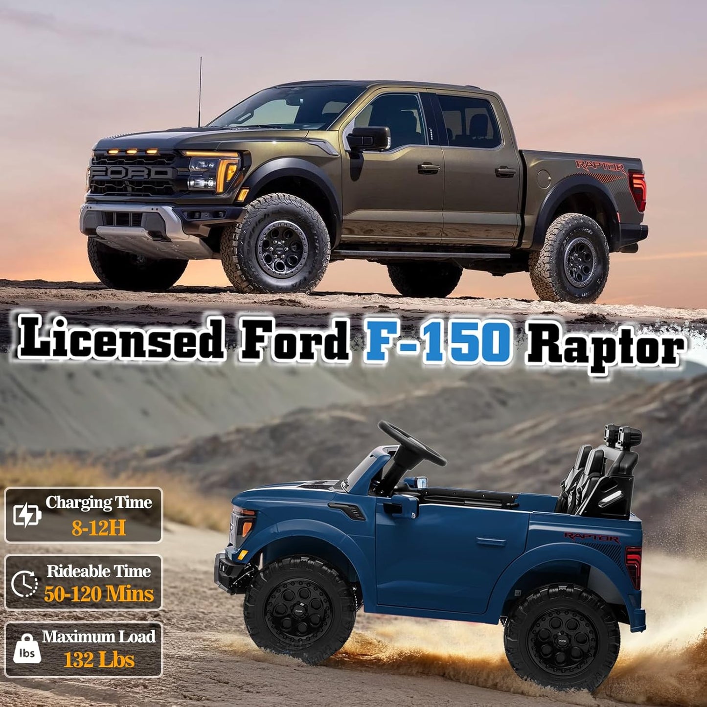 24V Ride on Car Licensed Ford F-150 Raptor, Kids Electric Car with Remote Control, LED Light/Music/MP3, Truck Bed Storage, 3-Point Seat Belt (24V, Blue)