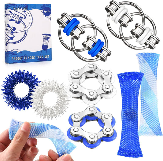 8 Pcs Sensory Fidget Toys Pack Flippy Roller Bike Chain Fidget Spinner Anxiety and Stress Relief Silent Tools Mesh Marble Acupressure Ring for Adults Teens Kids Boys Girls