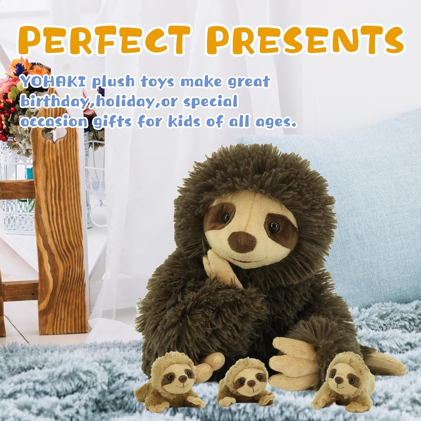 Sloth Plush Animal, 11.02" Cute Stuffed Sloth with 3 Baby Sloths, Easter Stuffed Sloth Animal, Washable Plush Toys, Cute Three Toed Sloth Birthday Gifts for Kids Boys and Girls, Brown