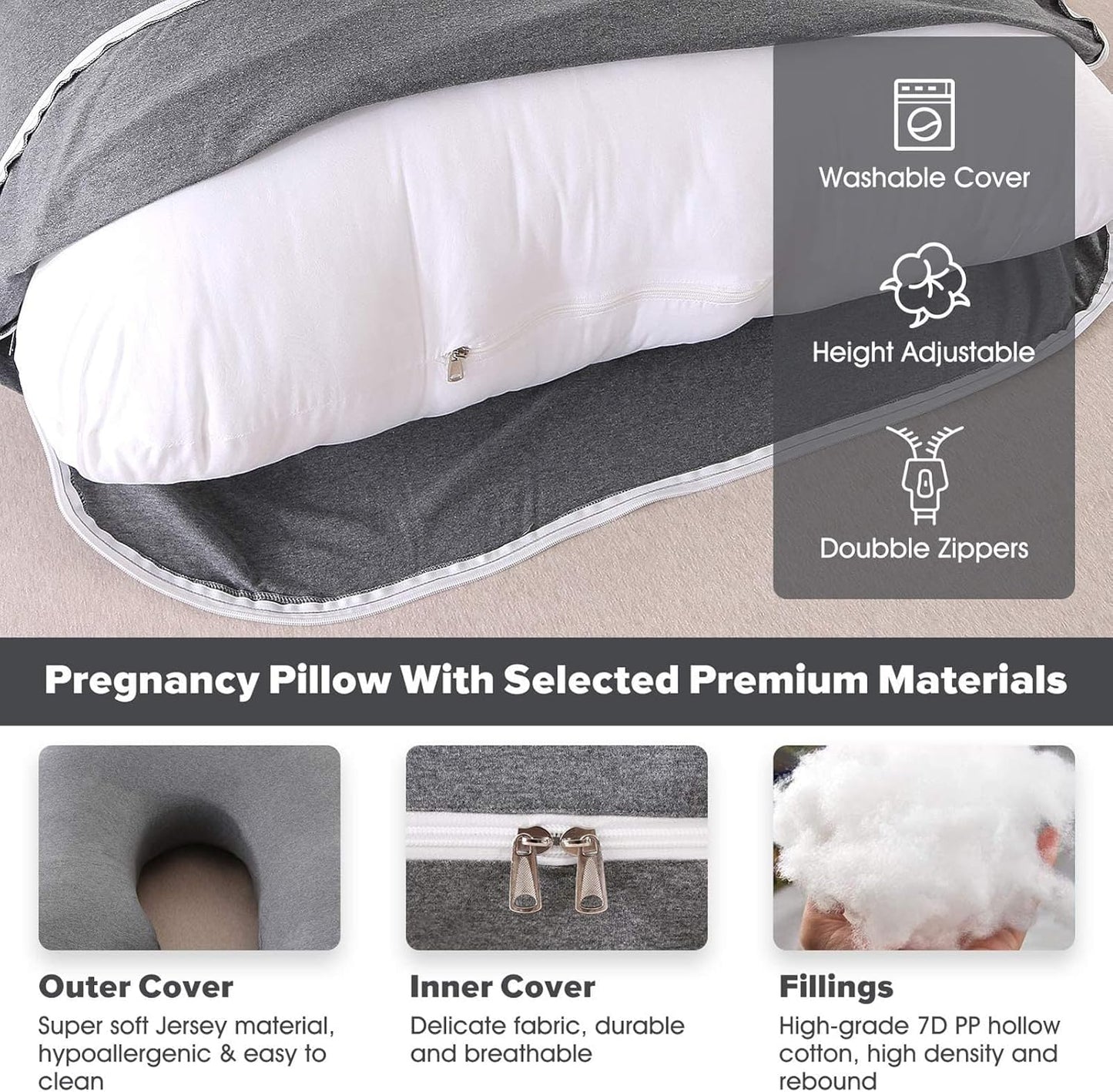 BATTOP Pregnancy Pillow for Sleeping, Full Body Pillow for Pregnancy Women with Removable Cover, 57 Inch Maternity Pillow, Support for Back, Legs, Belly, HIPS（Black Drey）