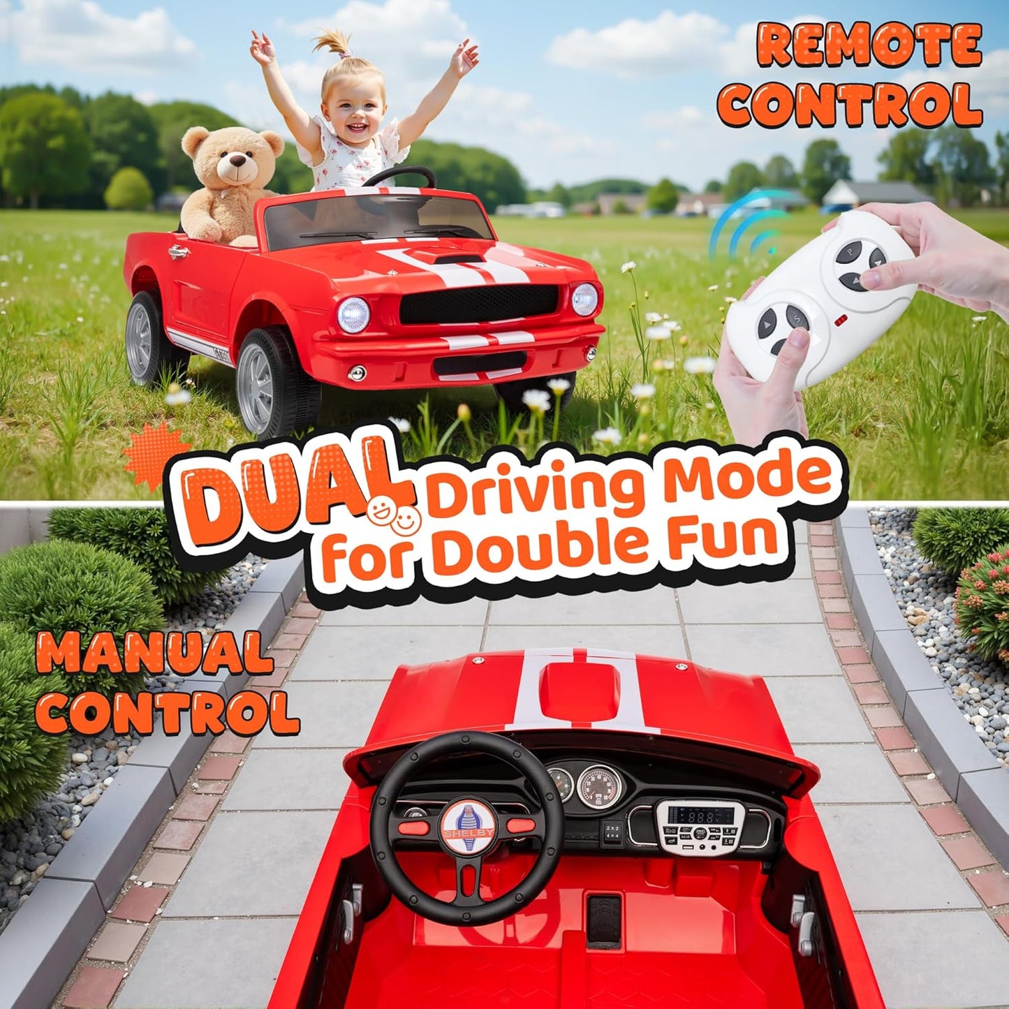 24V 2 Seater Ride on Toys, Licensed Shelby Cobra Kids Power Car Wheeler Ride On Toy w/ 2WD/4WD Switchable, Remote Control, 19" Spacious Seat, 4 Spring Suspension, Music, Bluetooth