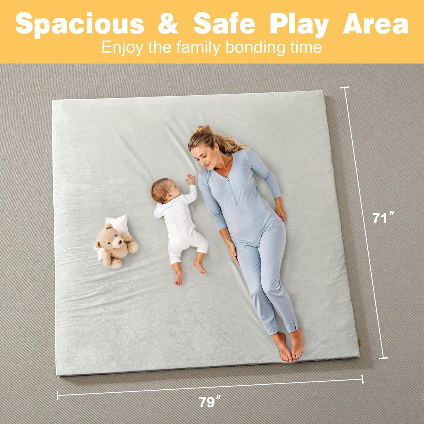 79" ×71" Padded Baby Play Mat for Floor, 1.2" Thick Memory Foam Mat with Machine Washable Cover, Soft Tummy Time Crawling Playmat with Non-Slip Bottom, Fits 79" x71" Playpens