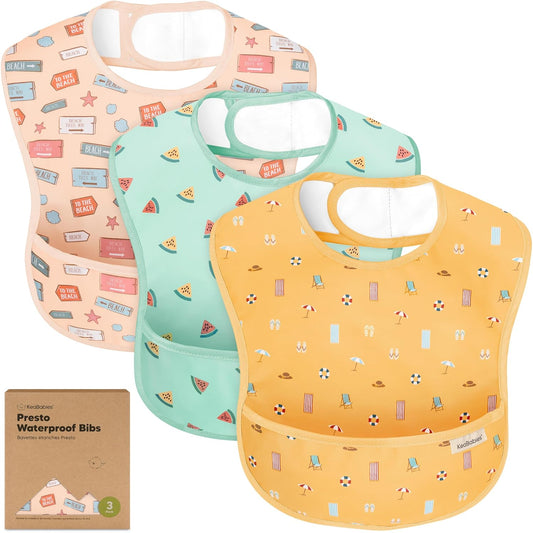 3-Pack Waterproof Baby Bibs for Eating - Lightweight Toddler Feeding Bibs with Large Food Catcher, Mess Proof, Food-Grade Baby Eating Essentials, Easy to Put On & Clean (Beach Day)