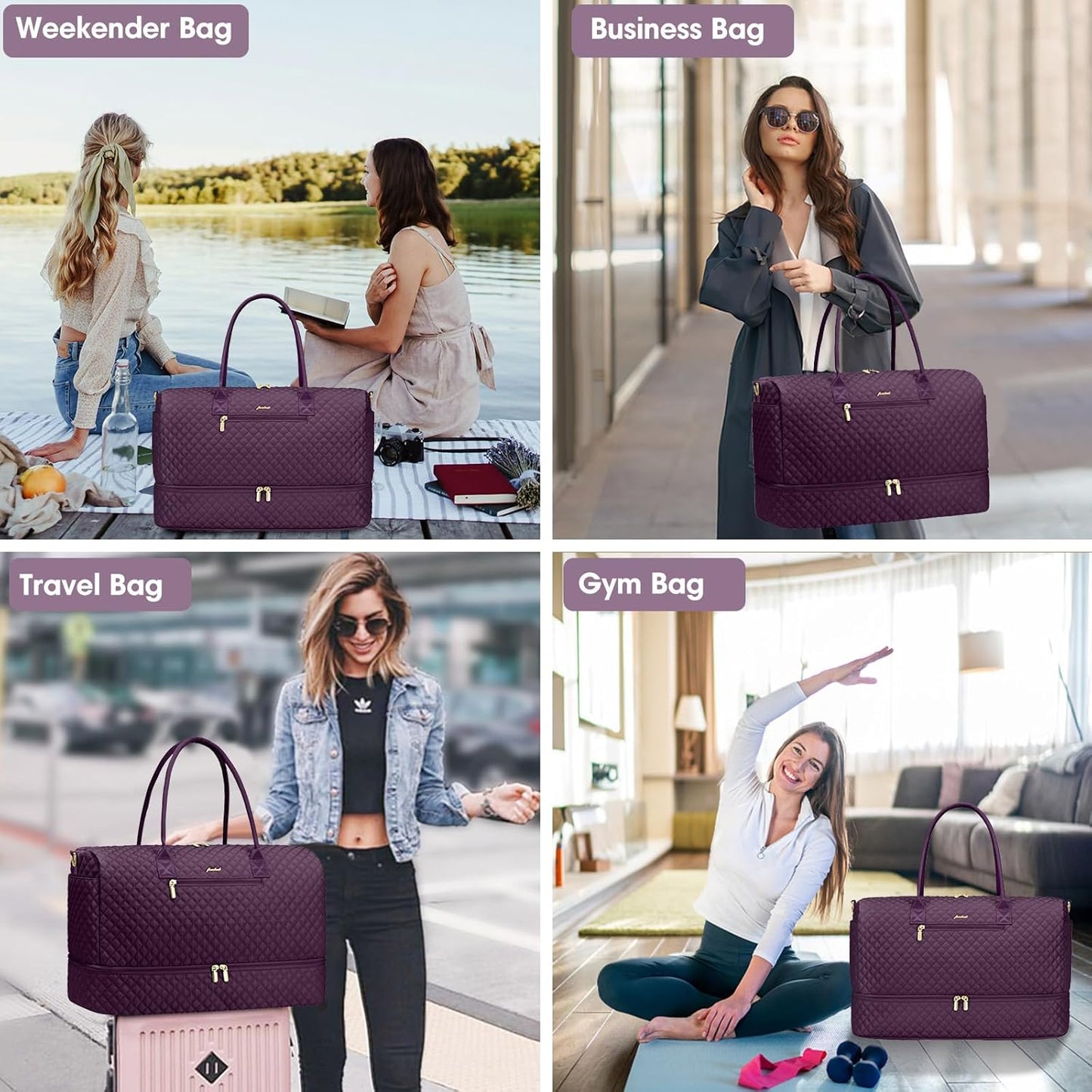 Travel Duffle Weekender Bags for Women - Carry on Overnight with Shoe Compartment Duffle Bag Hospital Bag Dark Purple