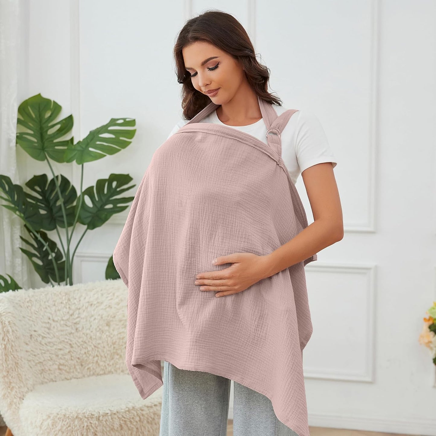 Muslin Nursing Cover for Baby Breastfeeding, Breathable 100% Cotton Breastfeeding Cover with Rigid Hoop for Mother Nursing Apron (Light Pink)