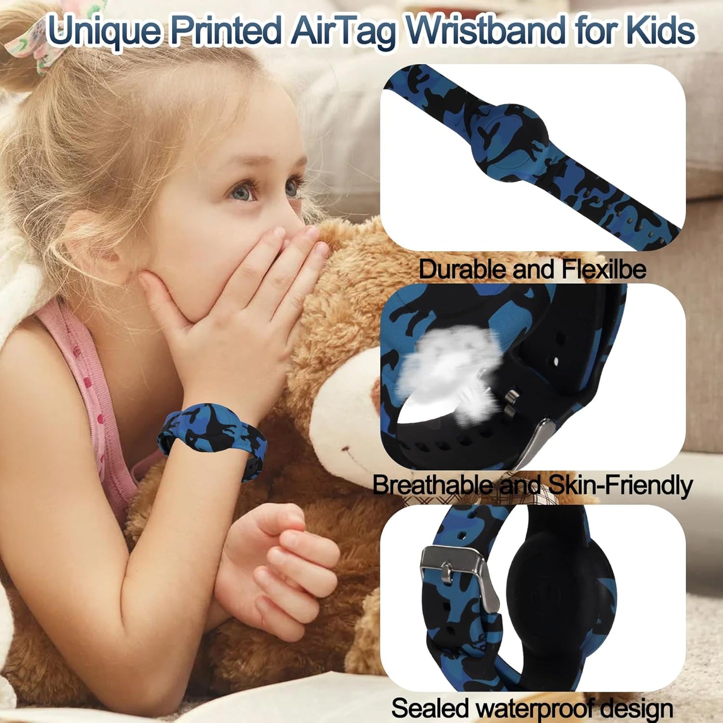 Waterproof AirTag Bracelet for Kids, Hidden Printed Wristband for Apple Air Tag, Silicone AirTag Holder GPS Tracker Case for Band for Child Toddler, Secure Anti-Lost Protection(Black)