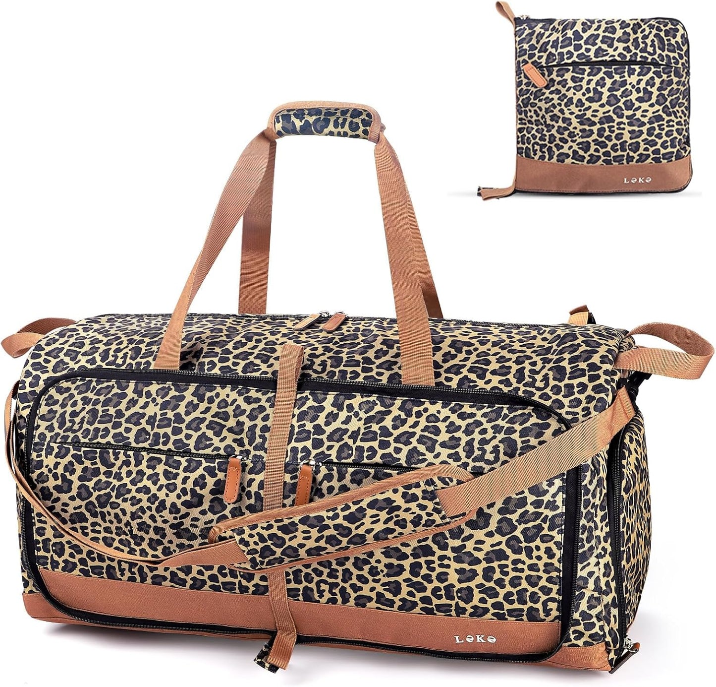 Lekesky Foldable Travel Duffel Bag for Women, 80L Large Duffle Bag with Separate Shoes Compartments & Straps, Carry On Weekend Bag for Women, Hospital, Overnight(Leapord)
