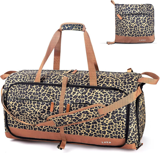 Lekesky Foldable Travel Duffel Bag for Women, 80L Large Duffle Bag with Separate Shoes Compartments & Straps, Carry On Weekend Bag for Women, Hospital, Overnight(Leapord)