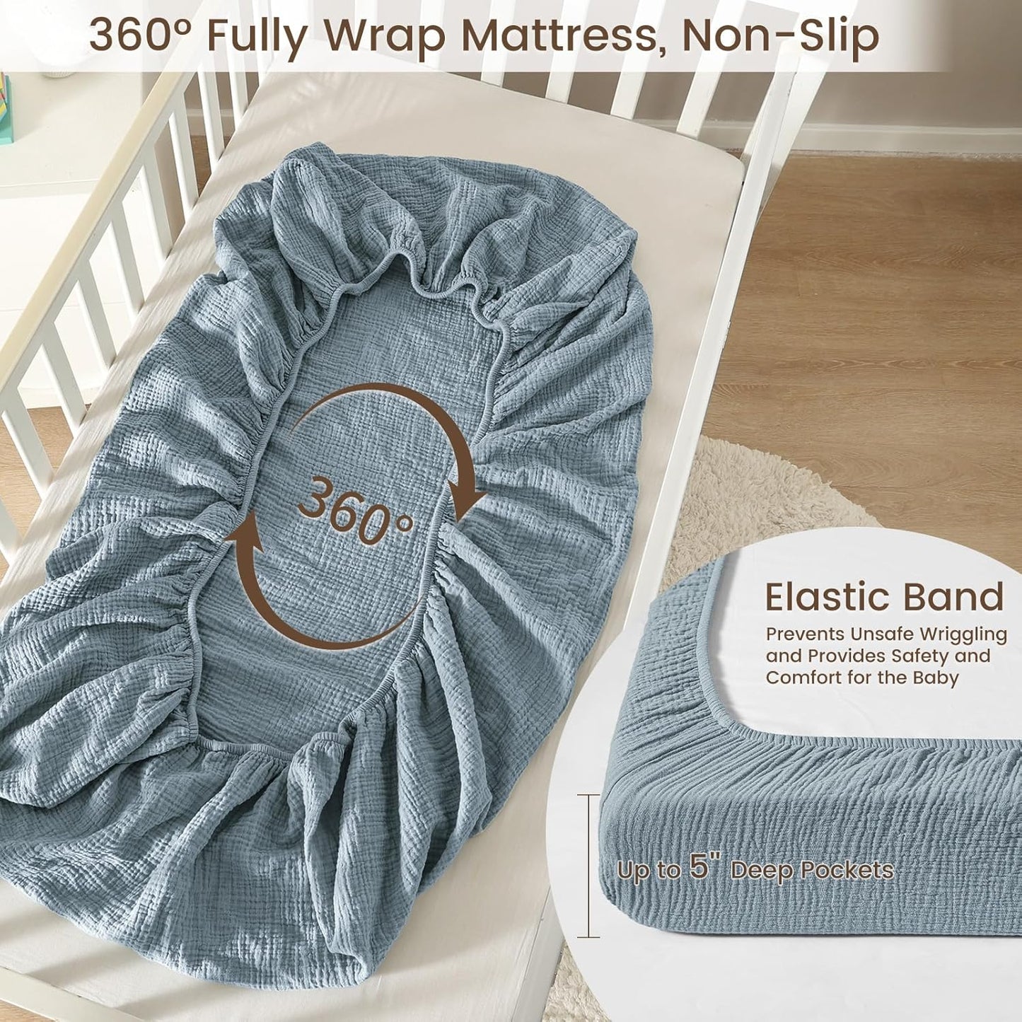 david's kids Muslin Mini Crib Sheets, 2 Pack Cotton Pack N Play Sheets for Boys Girls Neutral, Soft Breathable Baby Sheets Fit Pack N Play, Playard and Mini Crib Mattresses, Sage Green & Dusty Blue