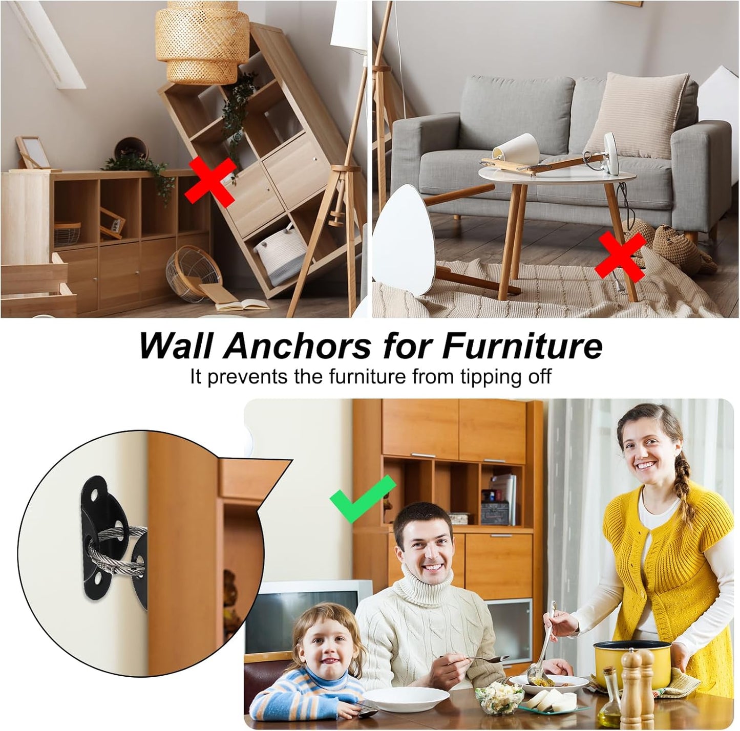 MECCANIXITY Furniture Anchors, 8 Inch Anti Tip Furniture Anchors Stainless Steel Furniture Securing Wall Anchors for Earthquake Straps Home Safety, White 6 Sets