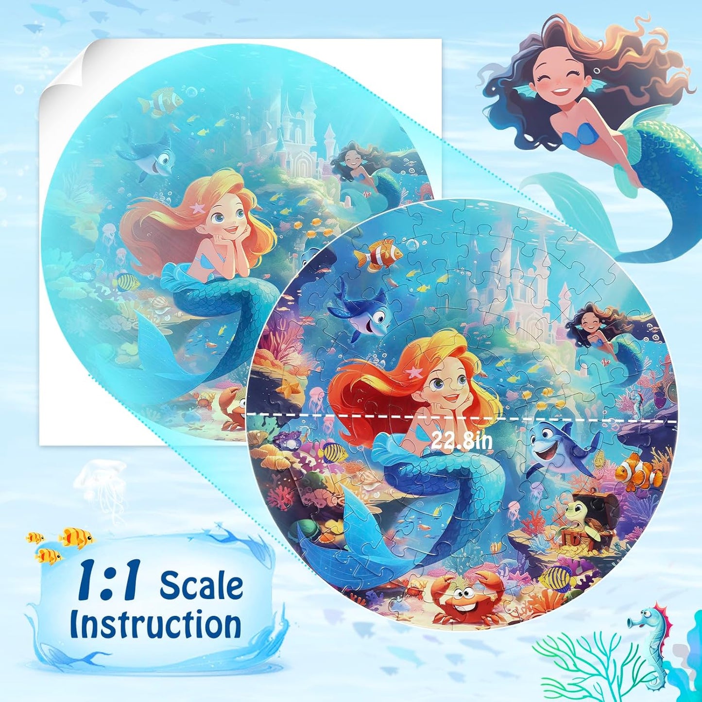 Floor Puzzles for Kids Ages 3-5, 70 Pieces Mermaid Jigsaw Puzzle for Toddler Girls Ages 3 4 5 6 7 8 Year Old, Large Round Underwater Princess Puzzle Educational Learning Toys Birthday Gift