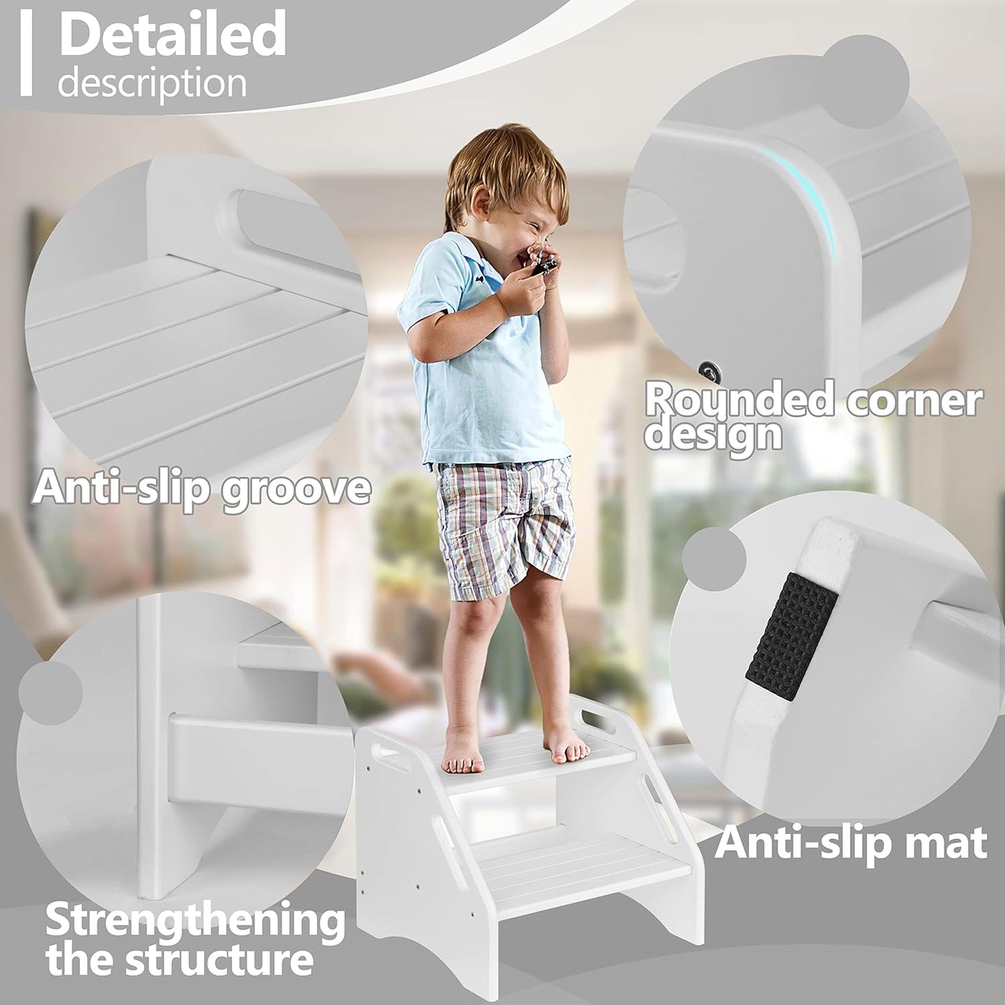 AMBIRD Wooden Two Step Stools Toddler with Safety Non-Slip Pads and Handles, Bamboo Step Stool for Bathroom, Bedroom, Kitchen Dual Height Step Stools for Kids (White)