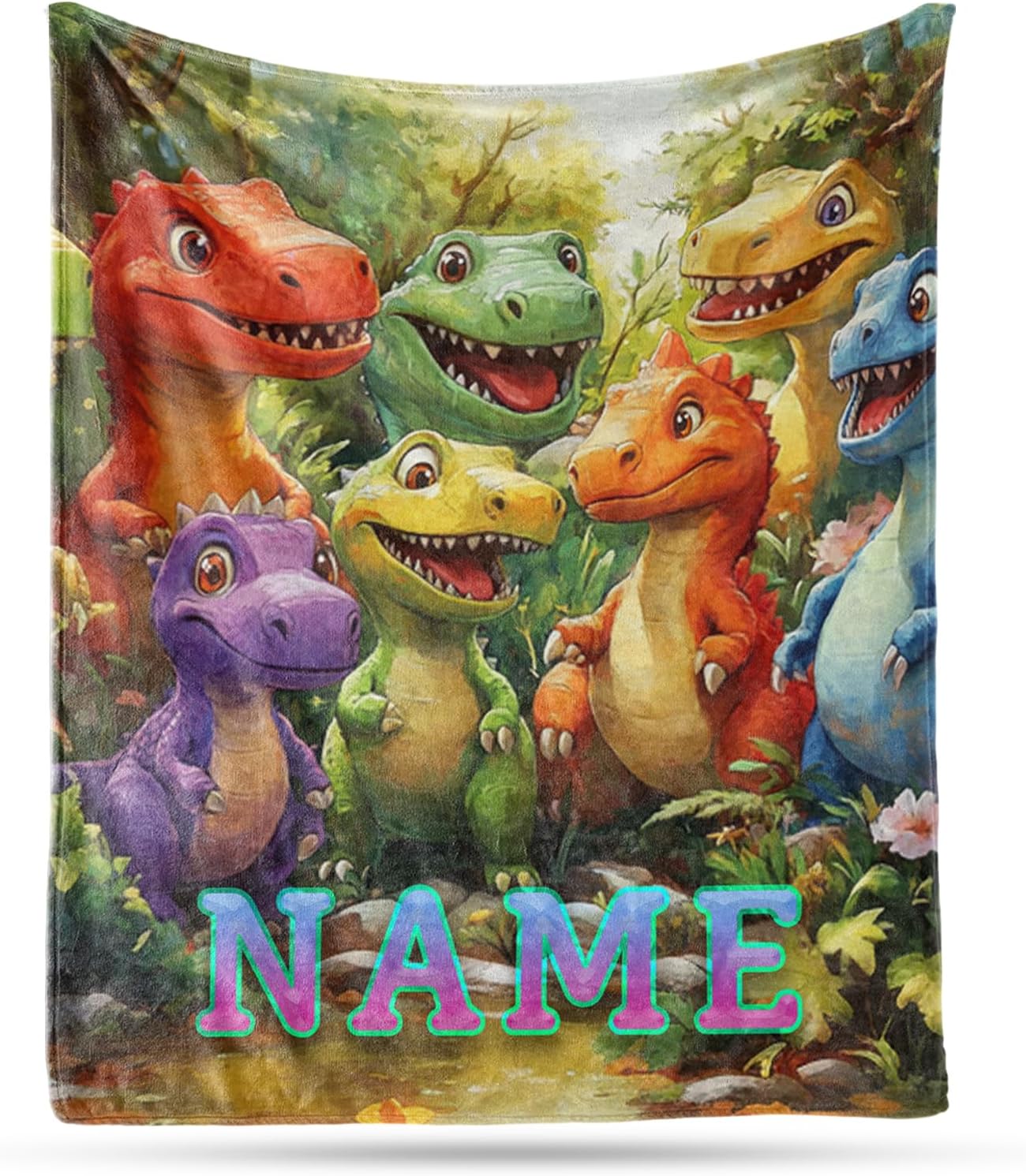 Ship Next Day, Custom Dinosaur Blanket - Printed in USA, Personalized Blankets with Name, Gift for Kids Boys Girls, Unique Present for Birthday, Christmas, Educational Blankets for Children