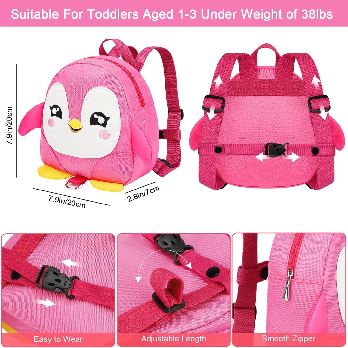 Accmor Toddler Harness Backpack Leash, Cute Penguin Kid Backpacks with Anti Lost Wrist Link, Mini Child Backpack Harness Leashes Walking Wristband Rope Travel Bag Harness Rein for Baby Girls (Pink)
