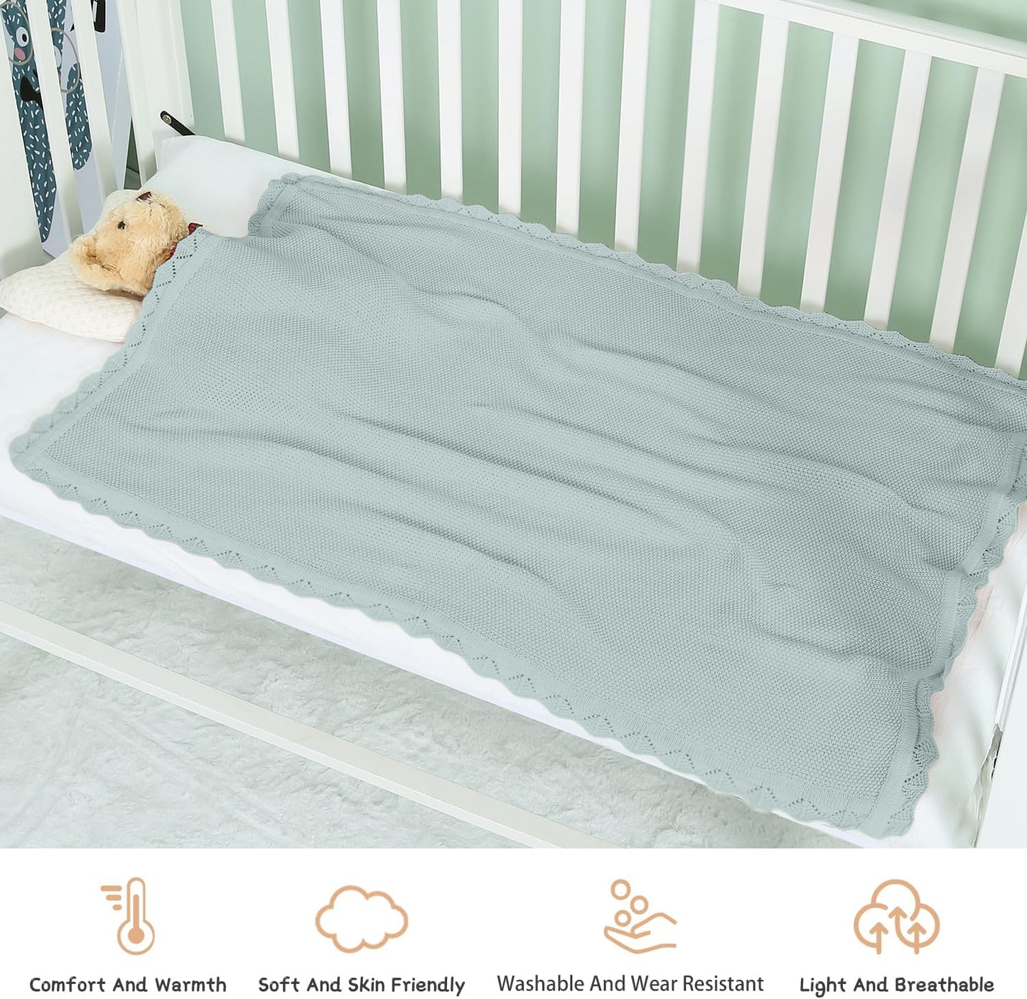 Cotton Baby Blankets 100% Knit Soft Warm Lace Toddler Newborn Nursery Receiving Blankets,30 X 40 Inches, Green