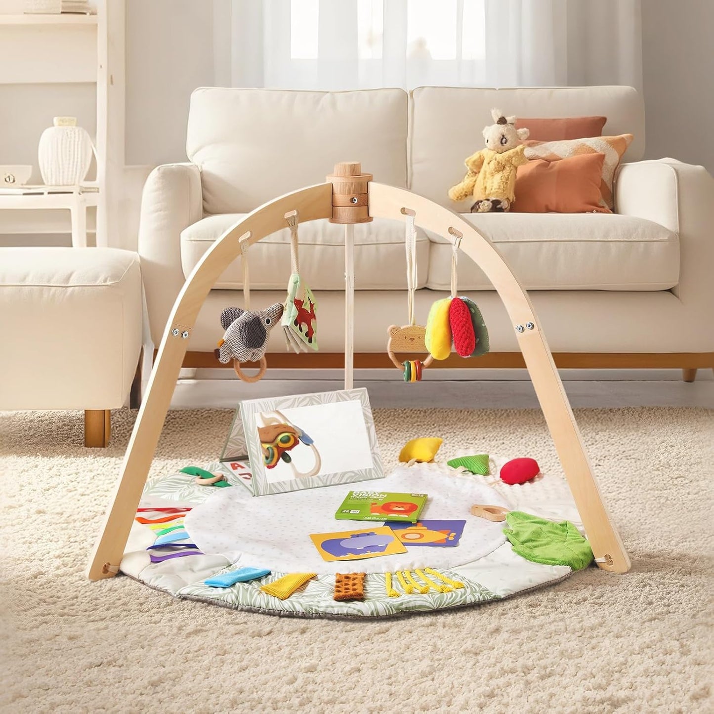 Wooden Baby Play Gym & Tummy Time Playmat – Montessori Sensory Activity Mat with 6 Developmental Toys for Fine Motor Skills – for Newborns to Toddlers (0–12M+)