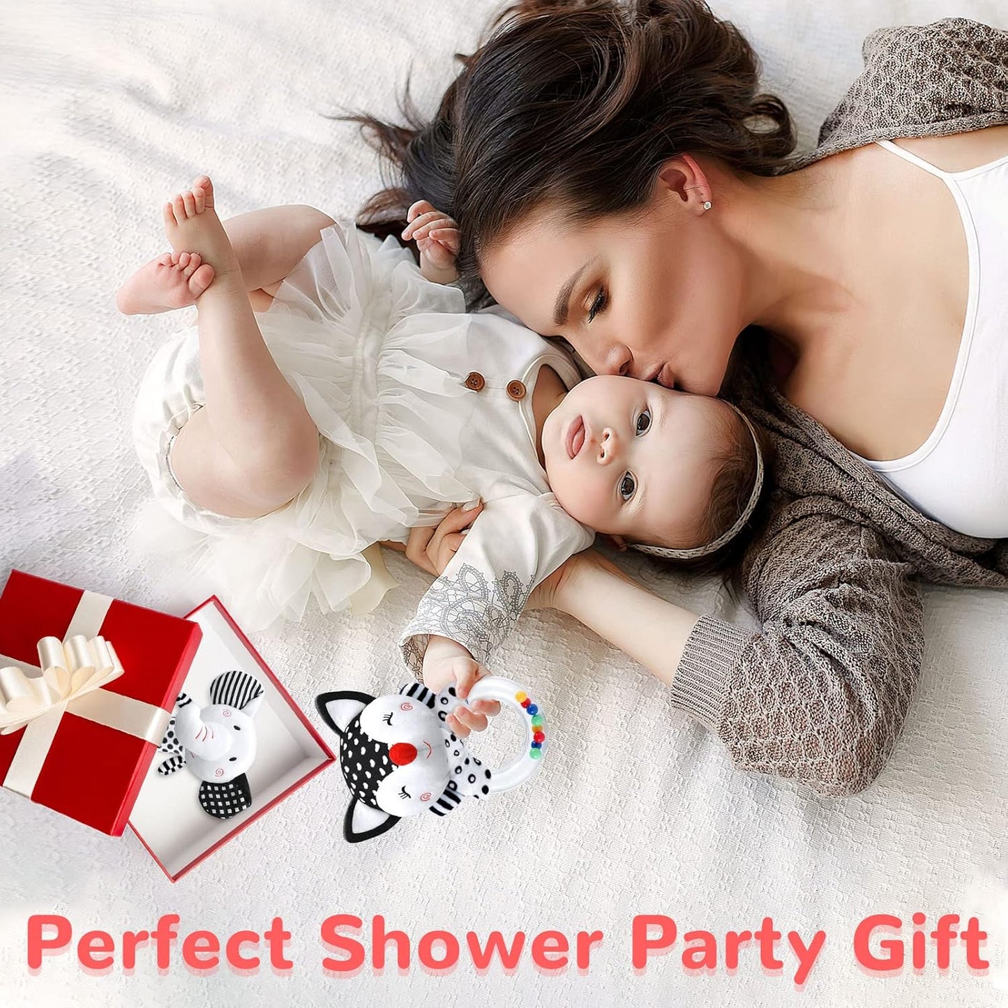 Baby Rattles & Toys - 0-3 Months, High Contrast Black & White Plush Stuffed Toys for Infants