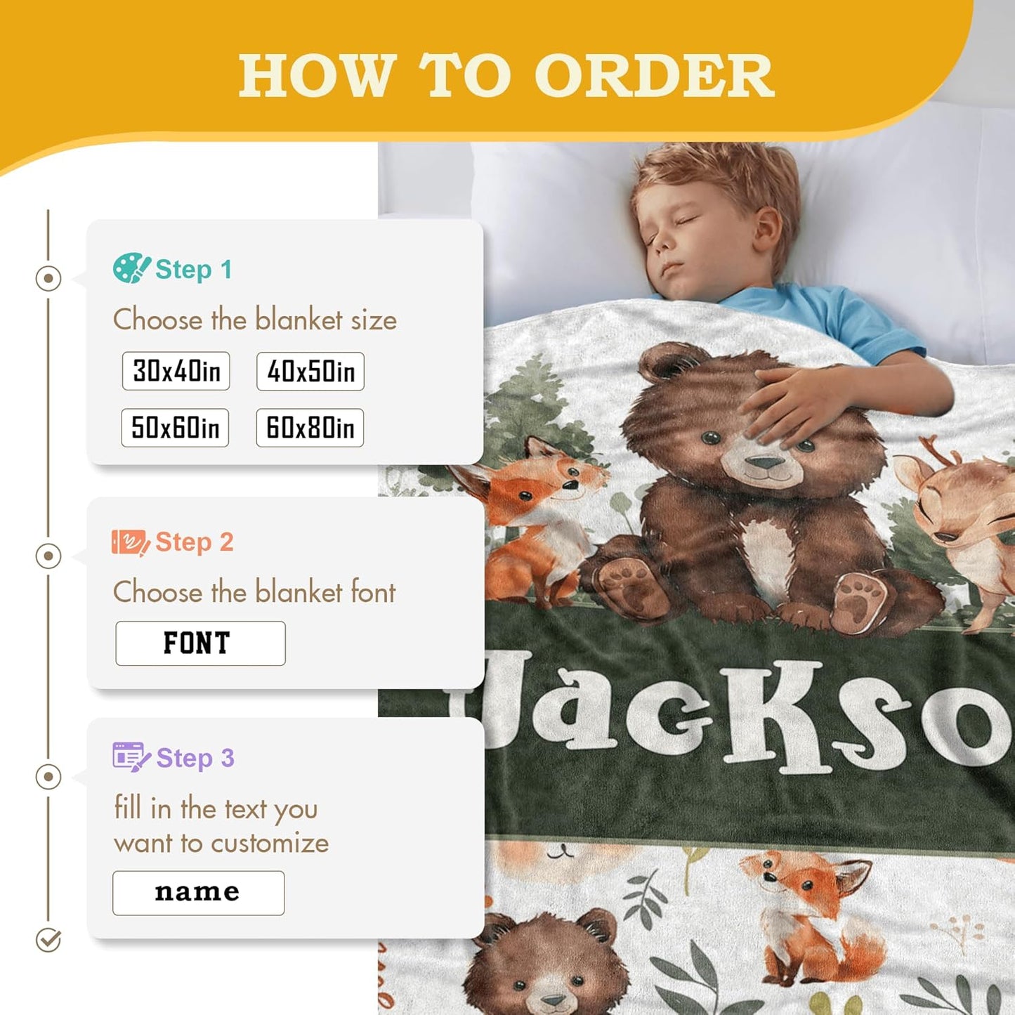 Woodland Animals Personalized Boy Baby Blanket, Custom Baby Throw Blanket with Name for Newborn Son Daughter Grandson Granddaughter Toddler Birthday Bed Blanket