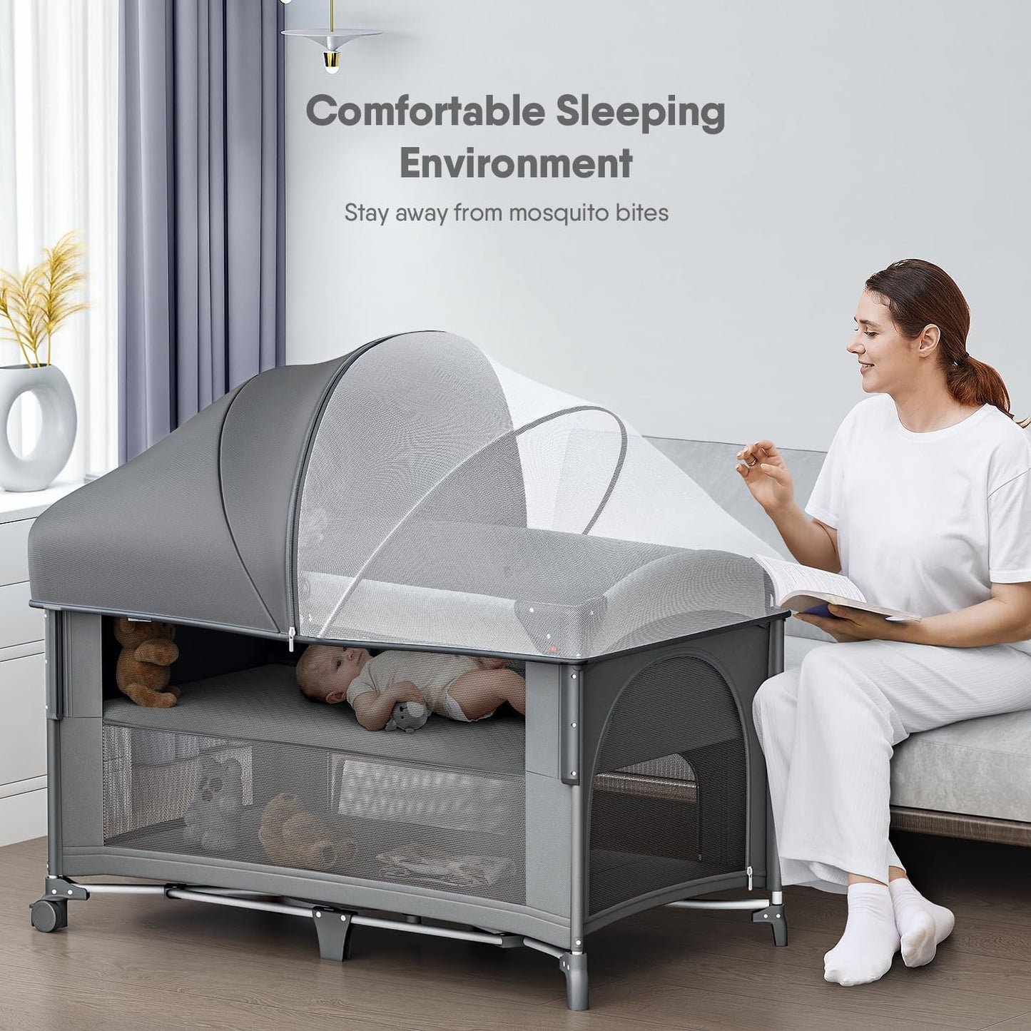 4 in 1 Baby Bassinet, Pack and Play, Bedside Crib Sleeper, Diaper Changer - Comes with Mattress, Mosquito Net，Bottom Storage and Toy Bar for Newborn to Toddles