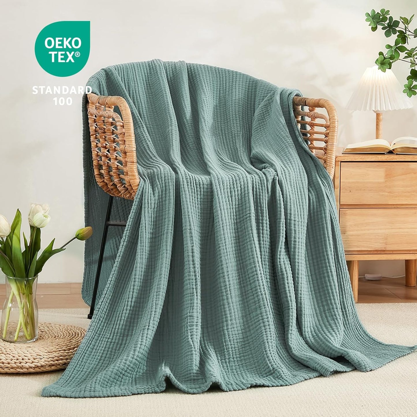EMME Muslin Throw Blanket 100% Cotton Blankets for Couch Breathable Gauze All Season Soft and Lightweight Pre-Washed (Teal, 50"x70")