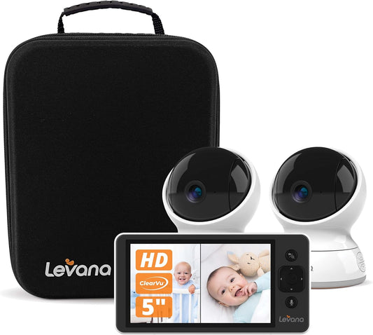 Levana Ella Video Baby Monitor, 5'' 720P Screen, 2 PTZ Cameras, 4 Days Battery Life, 3800mAh Battery, Night Vision, Two-Way Talk, No WiFi, 1000ft. Long Range Baby Monitor with Premium Carrying Case
