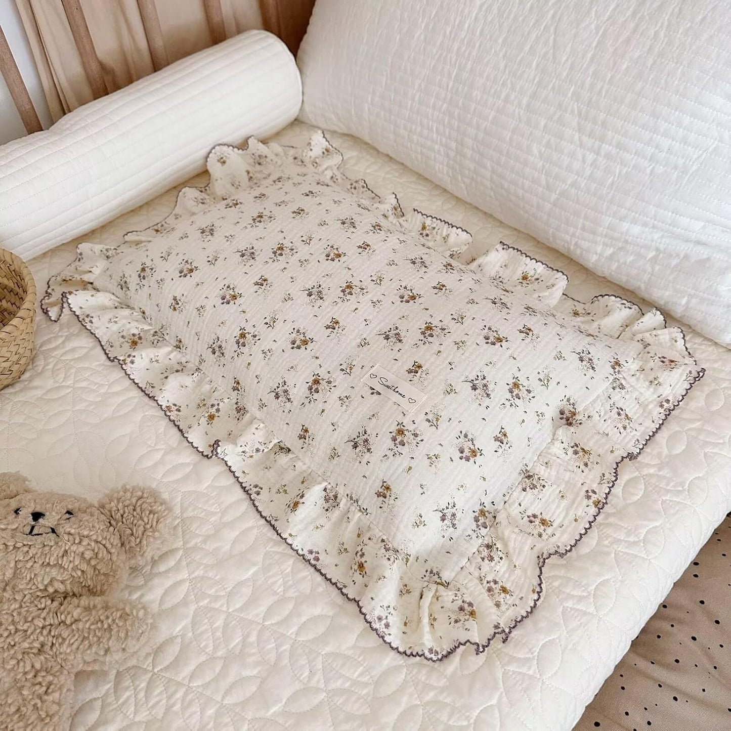 BuLuTu Shabby Chic Floral Toddler Pillow Cases Muslin Standard Size Pillowcases for Girls Kids Nursery Pillow Cover for Toddler Bed, Envelope Closure,1 Piece, Crapemyrtle Pattern, 20"x26"