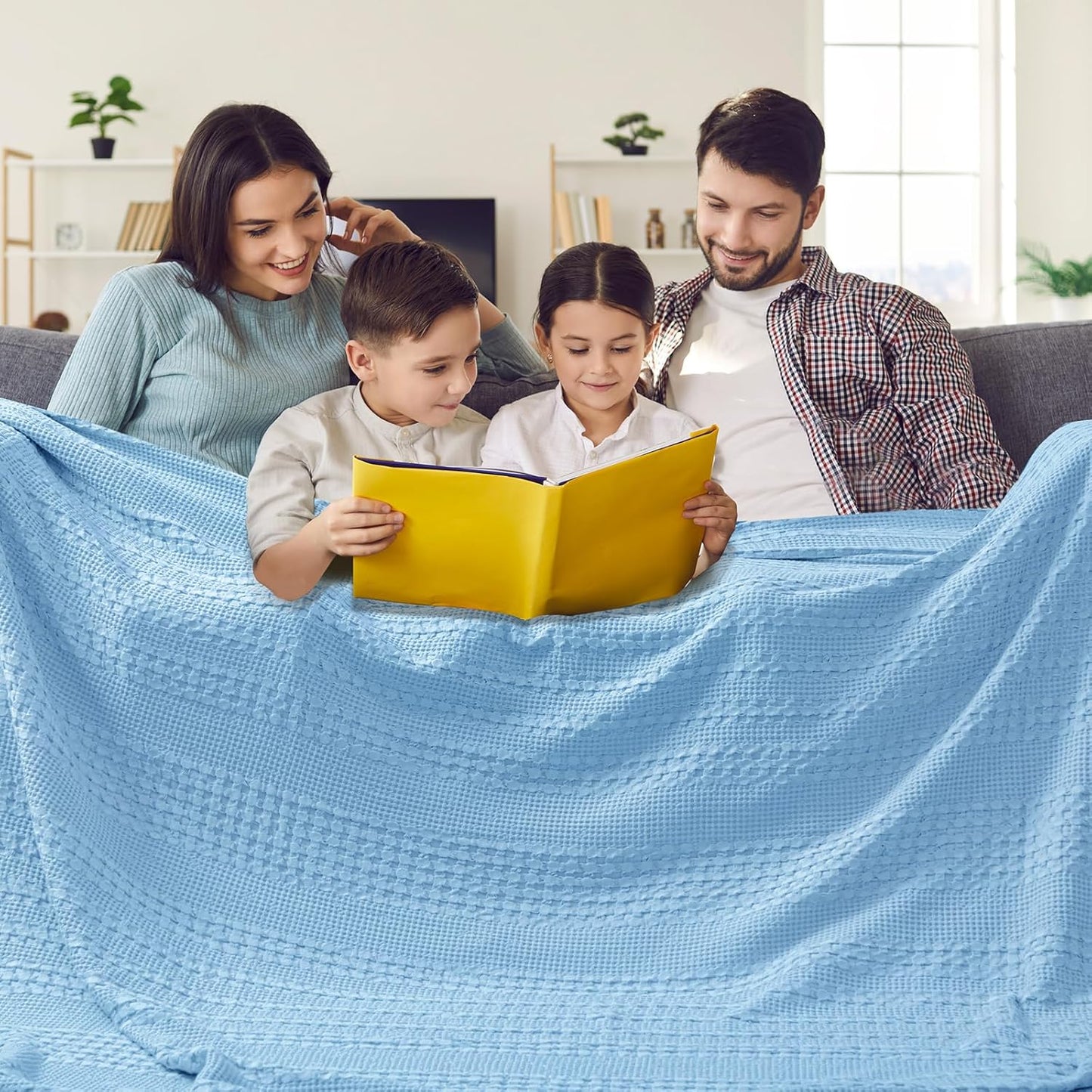 PHF 100% Cotton Waffle Blanket Oversized King 120"x120", Lightweight Breathable Extra Large 10'x10' Summer Blankets for Bed, Giant Big Luxury Aesthetic Woven Bedding for Home Decor, Sky Blue