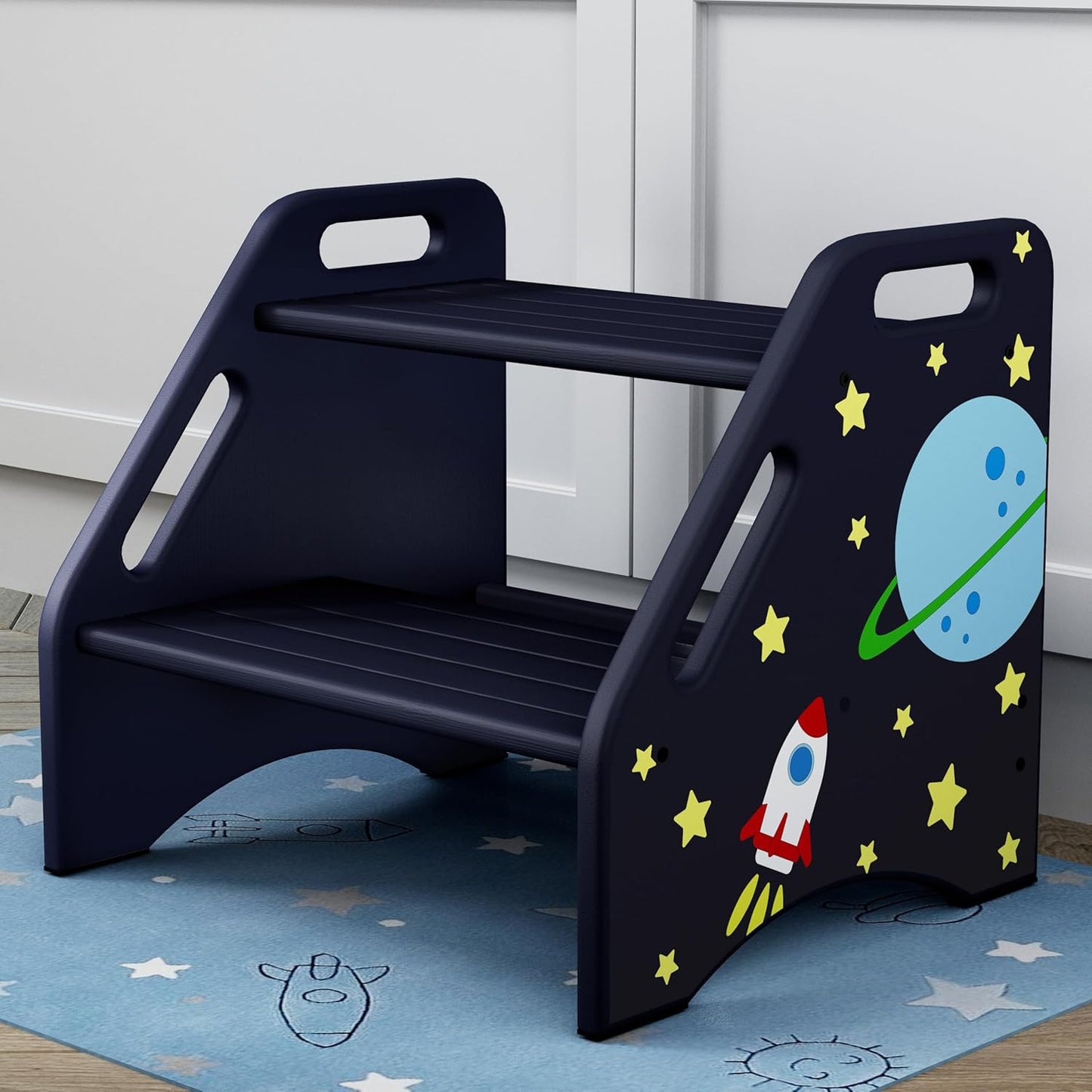 AMBIRD Toddler Step Stool, Space Wooden Two Step Stool for Kids with Non-Slip Pads, Portable Potty Training Stool with Handles for Bathroom, Sink, Kitchen, Bedroom