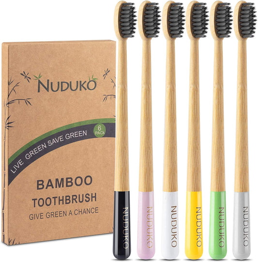 Biodegradable Bamboo Charcoal Toothbrushes, Soft Bristle, Eco-Friendly, Sustainable, BPA Free, Organic, Compostable, Travel Toothbrushes, 6 Pack