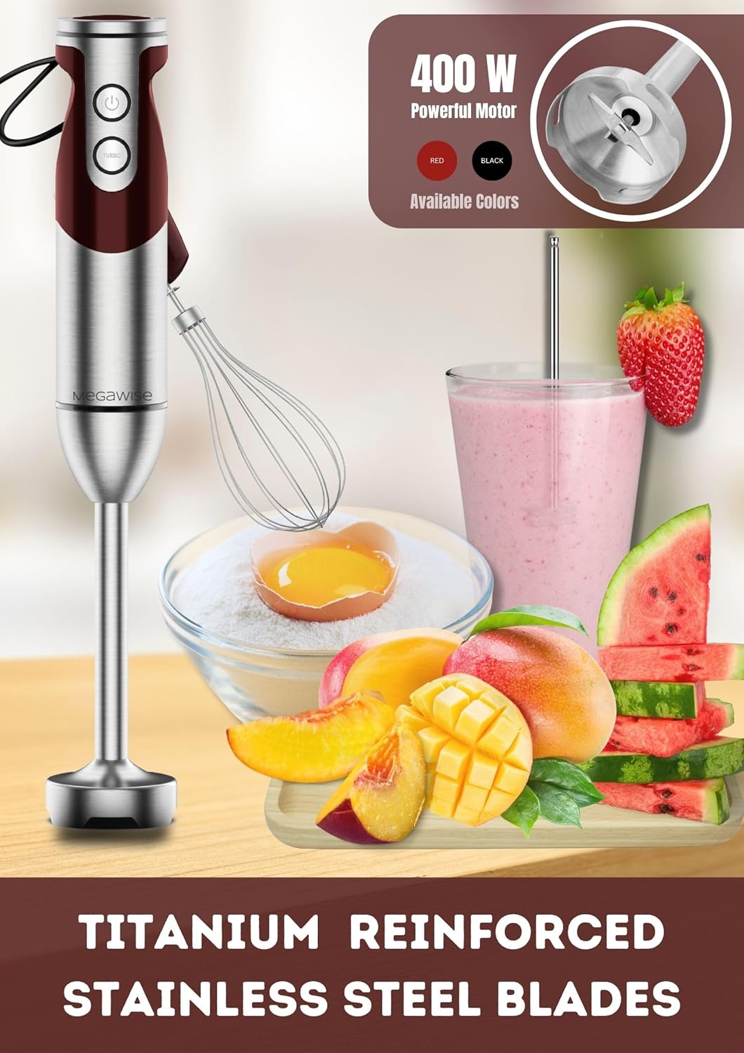 MegaWise Pro Titanium Reinforced 3-in-1 Immersion Corded Hand Blender, Powerful MOTOR with 80% Sharper Blades, 12-Speed Corded Blender, IncludingWhisk and Milk Frother (3-in 1 Red)