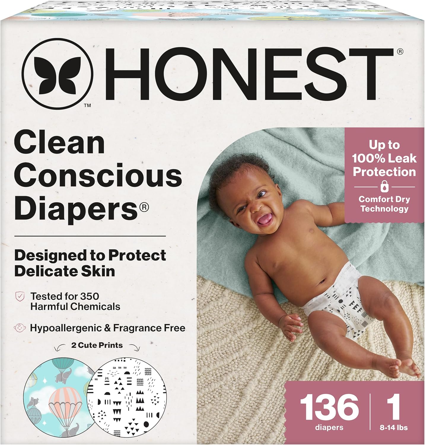 The Honest Company Clean Conscious Diapers for Delicate Skin | Up to 100% Leakproof | Hypoallergenic, Fragrance Free | Gender Neutral | Super Club Box, Size 1 (8-14 lbs), 136 Count (Prints May Vary)