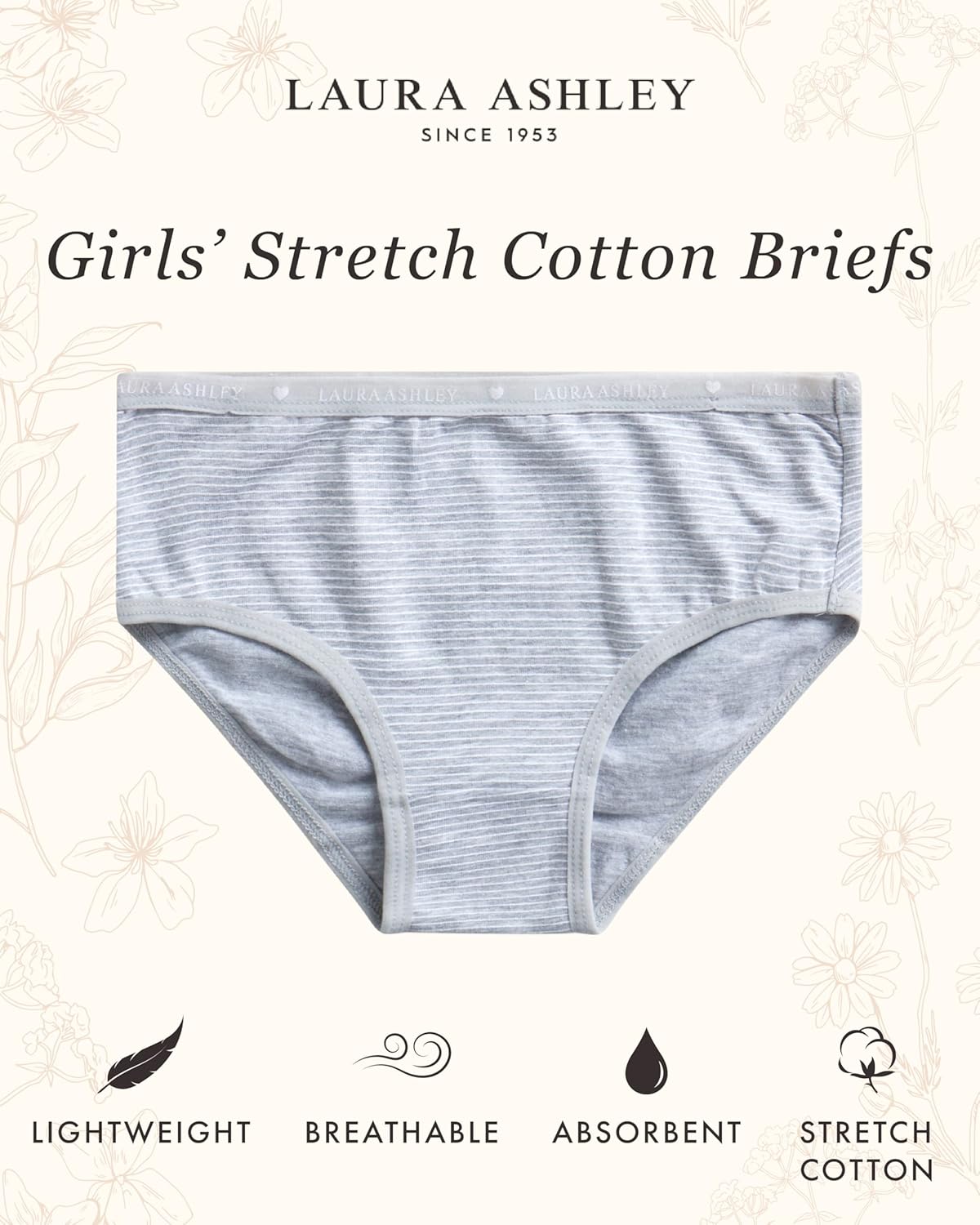 Laura Ashley Girls Underwear - 5 Pack Soft Stretch Breathable Panties for Girls - Lightweight Cotton Panties (Size: 4-12)