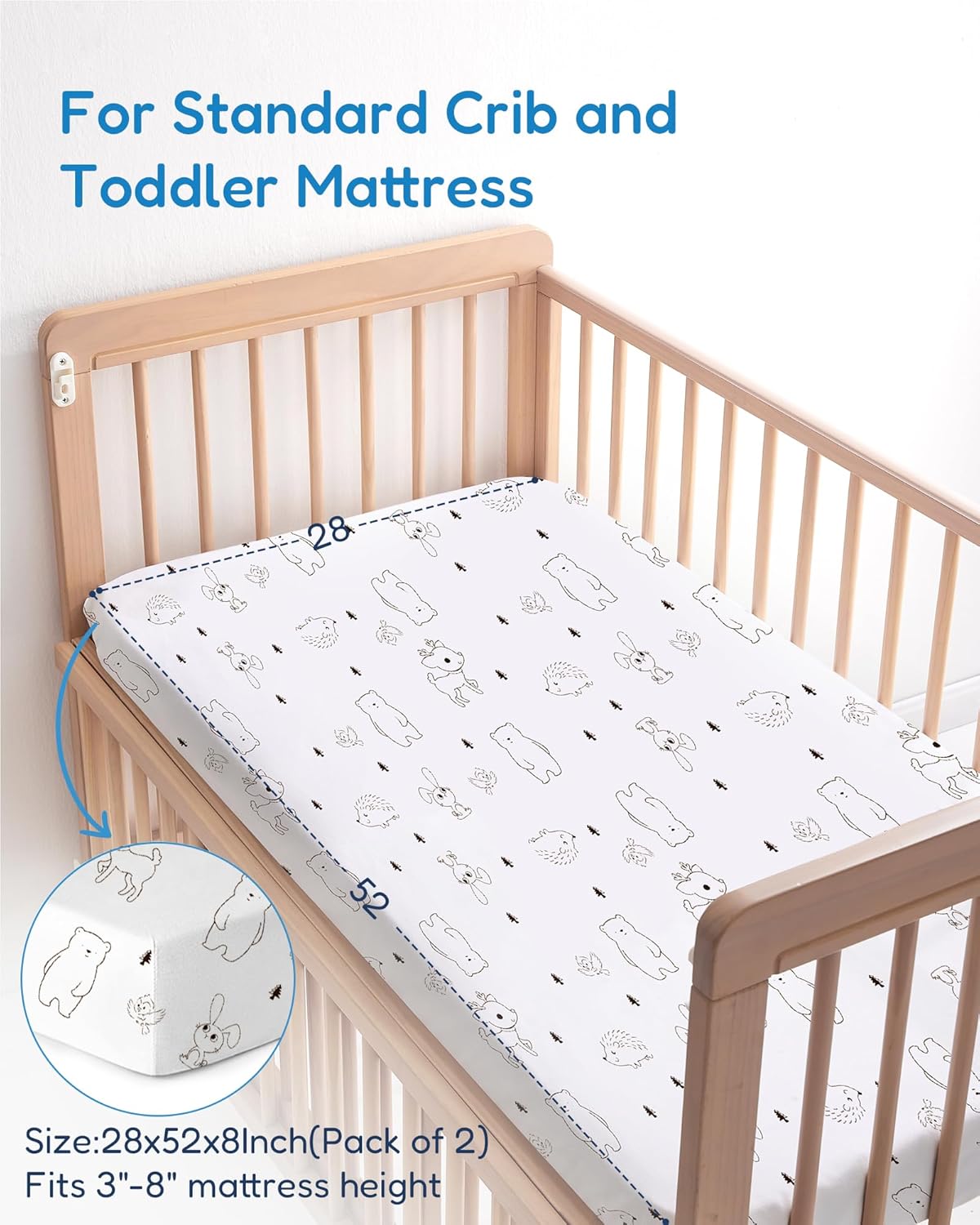 Baby Crib Sheets Boy Girl for Standard Crib Mattress - Grey Woodland Animal Print, Soft and Cozy, Snug Fit for 28''x52''x9'' Extra Deep Pocket