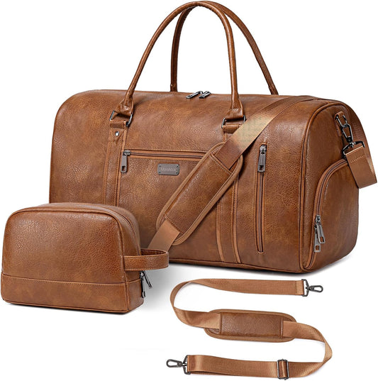 Large Leather Duffel Bag for Travel, Weekender Bag for Men or Women with Shoe Compartment, Waterproof Carry On Bag with Toiletry Bag, Travel Tote Bag with Luggage Strap (Brown)