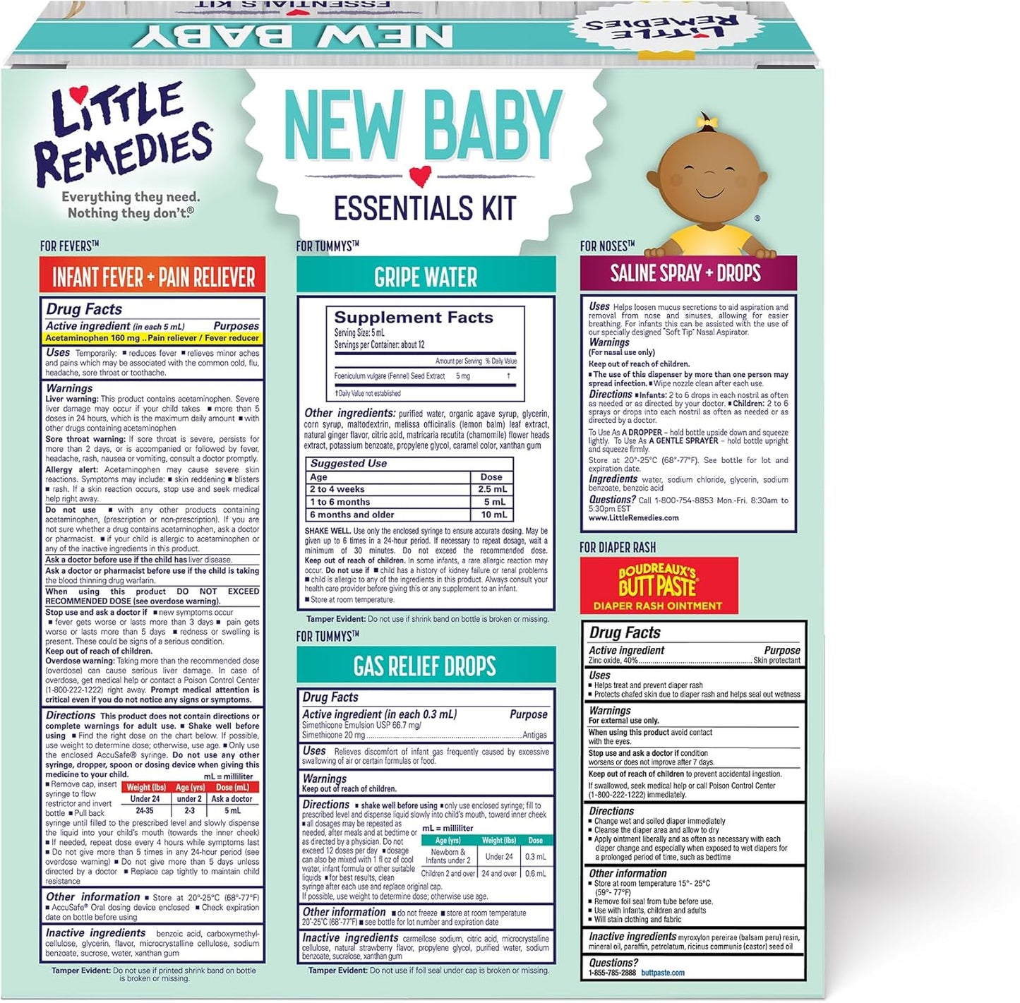 Little Remedies, New Baby Essentials Kit, 6 Newborn Essentials, Saline Nasal Spray, Gas Relief Drops, Gripe Water, Fever Reliever, & Diaper Ointment