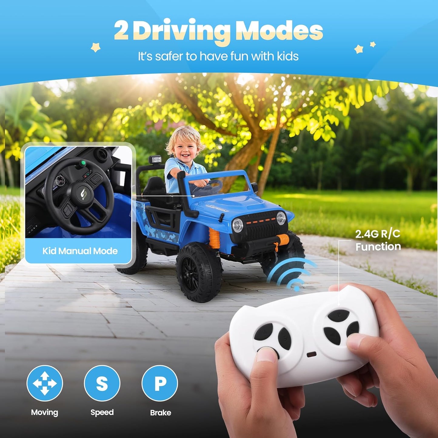 24V Kids Toddler Ride On Truck Electric Car Kids Ride On Truck Car Electric Jeep Off-Road Truck for Parent Remote Control LED Lights Music Powerful Wheels for Ages 3+(Blue)
