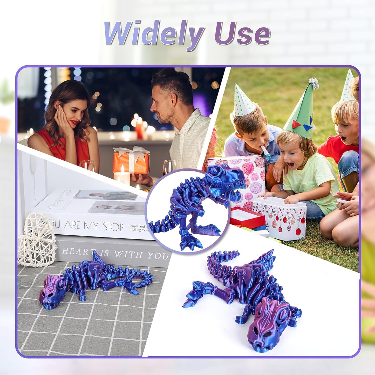 3D Printed Dinosaur Bone Skeleton Tyrannosaurus Rex with Movable Jaw Fidget Dinosaur Toys Full Articulated Dinosaur Executive Desk Toys Home Office Decor, Blue