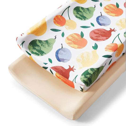 TILLYOU Baby Changing Pad Cover, Changing Table Cover for Girls Boys, Ultra Soft Breathable, 2 Pack Fruit Shadow & orangish