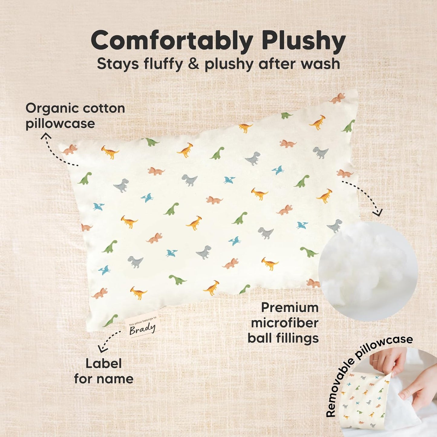 Mini Toddler Pillow with Pillowcase - 9x13 My Little Dreamy Travel Kids Pillow for Sleeping, Toddler Bed, Small, Tiny, Organic Cotton Pillowcase, Soft & Breathable, Kids 2-4 Years Old (Roarsome)